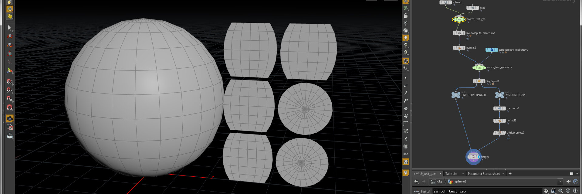 Houdini Screenshot with sphere and unwrapped Uvs
