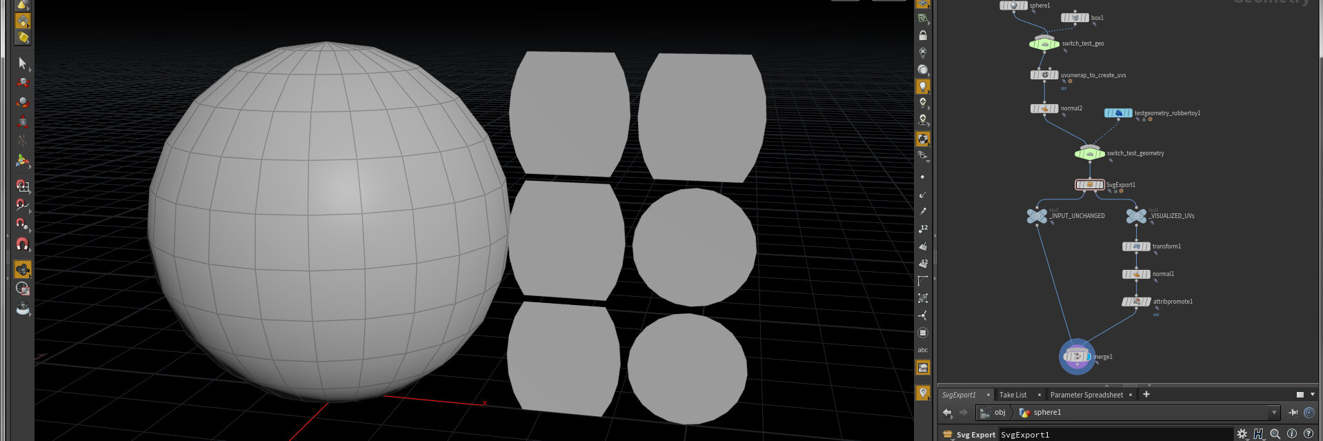 Houdini Screenshot with sphere and unwrapped Uvs