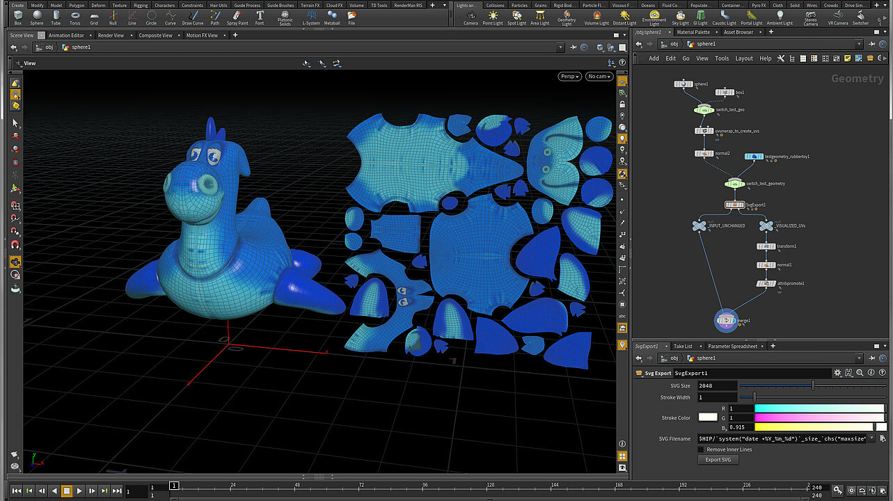 Houdini Screenshot with unwrapped Rubber Toy UVs